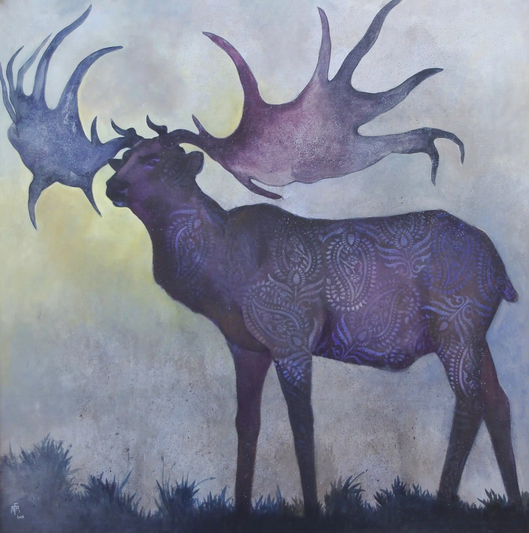 Le Grand cerf, technique mixte, toile marouflée sur panneau de bois, 200 x 200 cm.