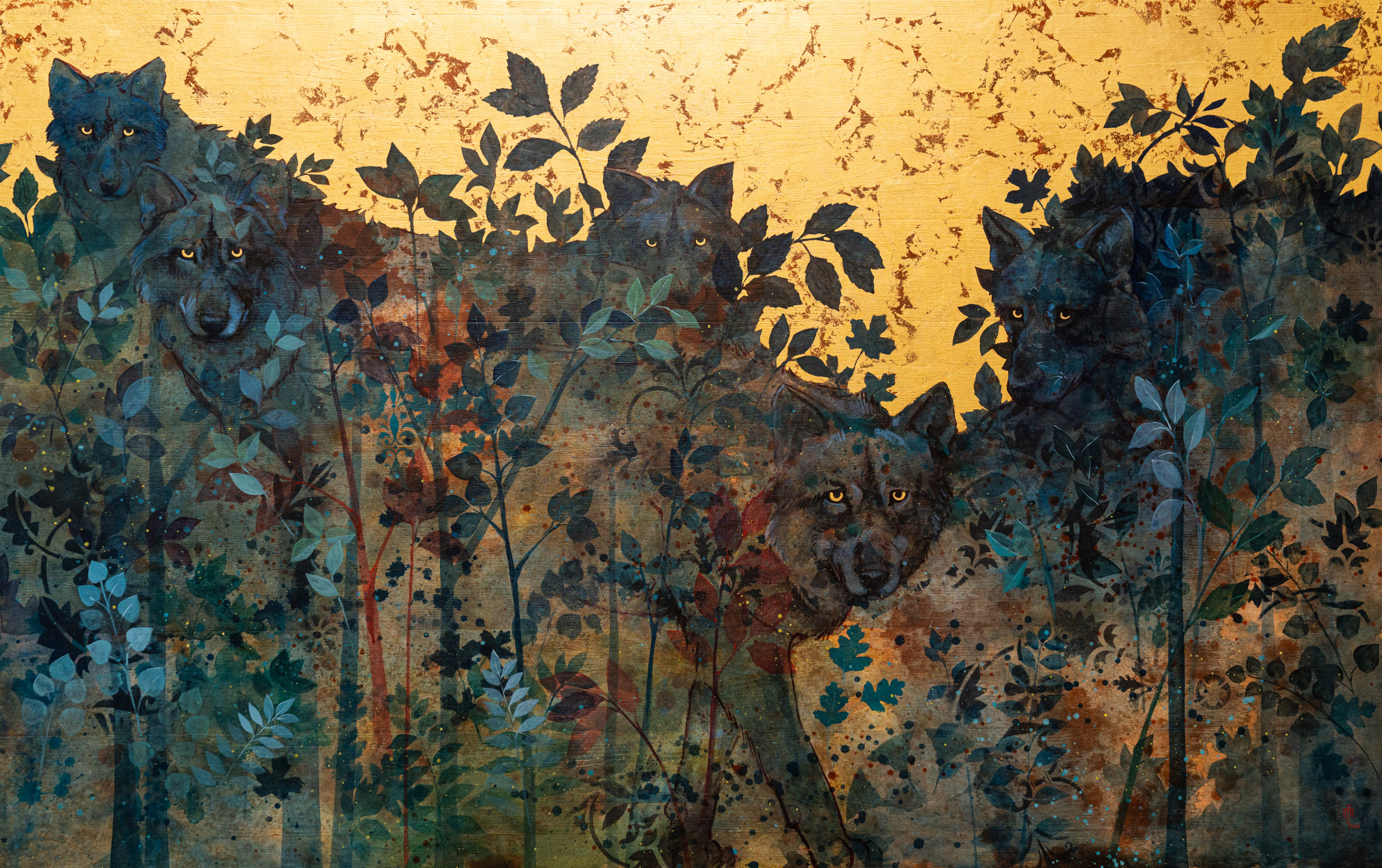 Les Loups, huile sur panneau de bois et feuille d'or, 120 x 160 cm, 2021