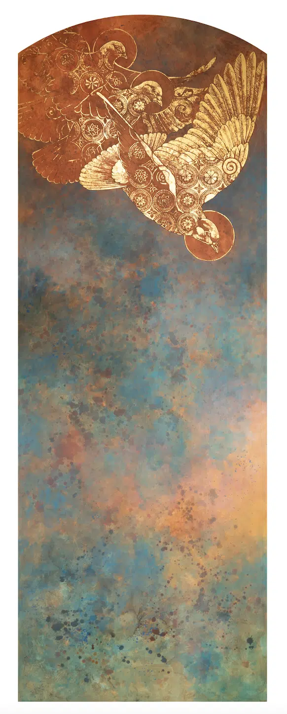 « Et voici que les cieux s’ouvrirent » par Augustin Frison-Roche - Collège des Bernardins - Technique mixte sur panneau de bois et feuille d’or, 350 x 130 cm, 2024
