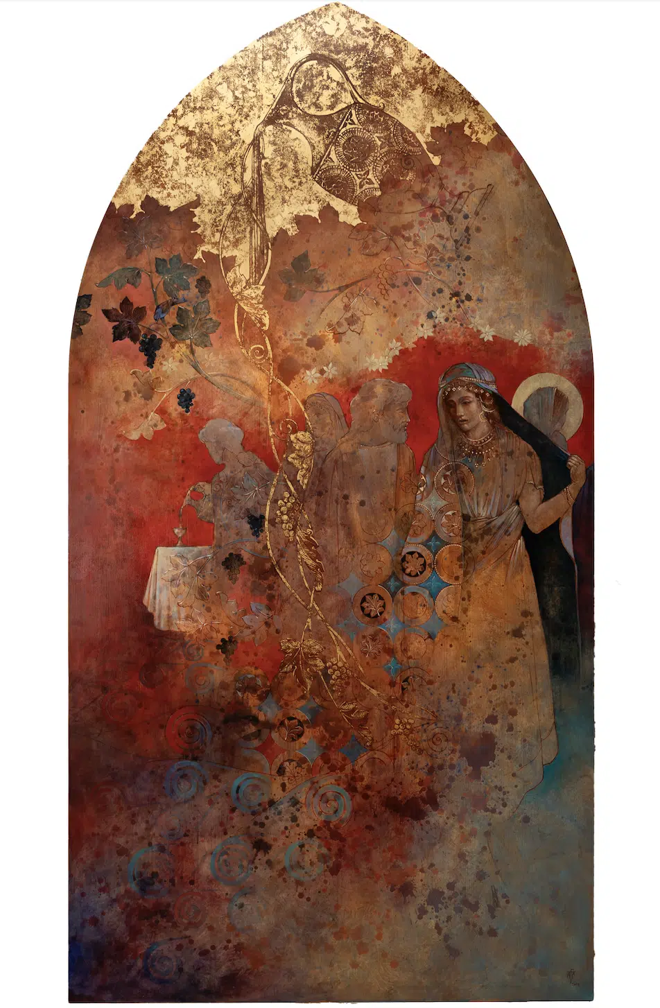 Les Noces de Cana par Augustin Frison-Roche - Collège des Bernardins Peinture à l'huile sur bois et feuilles d'or