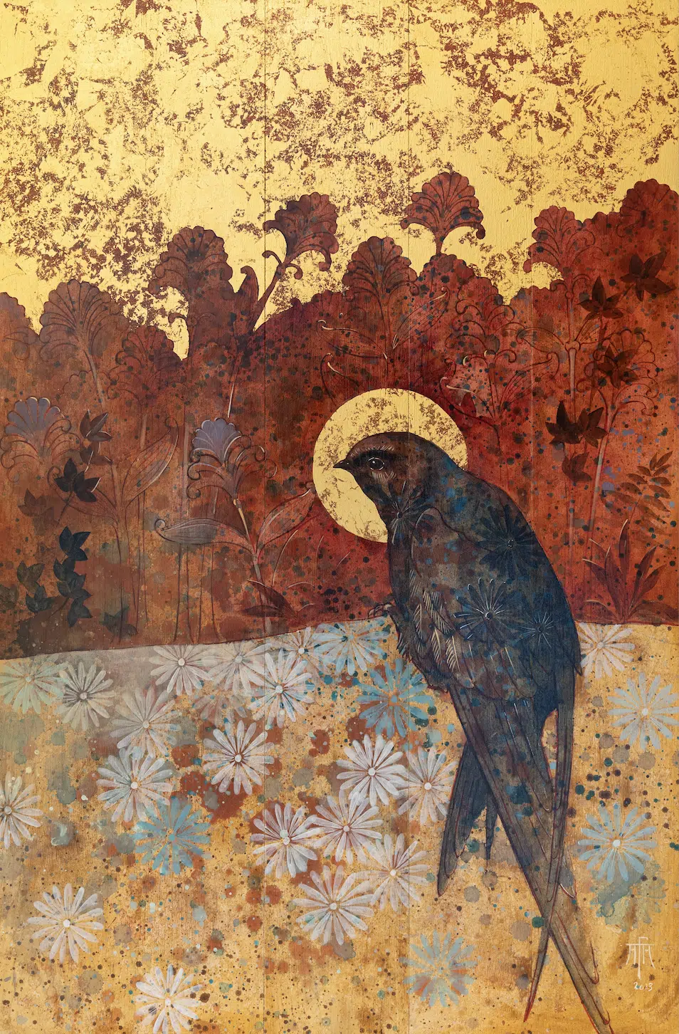 Le Messager ailé - Huile sur bois et feuille d'or - 90 x 60 cm