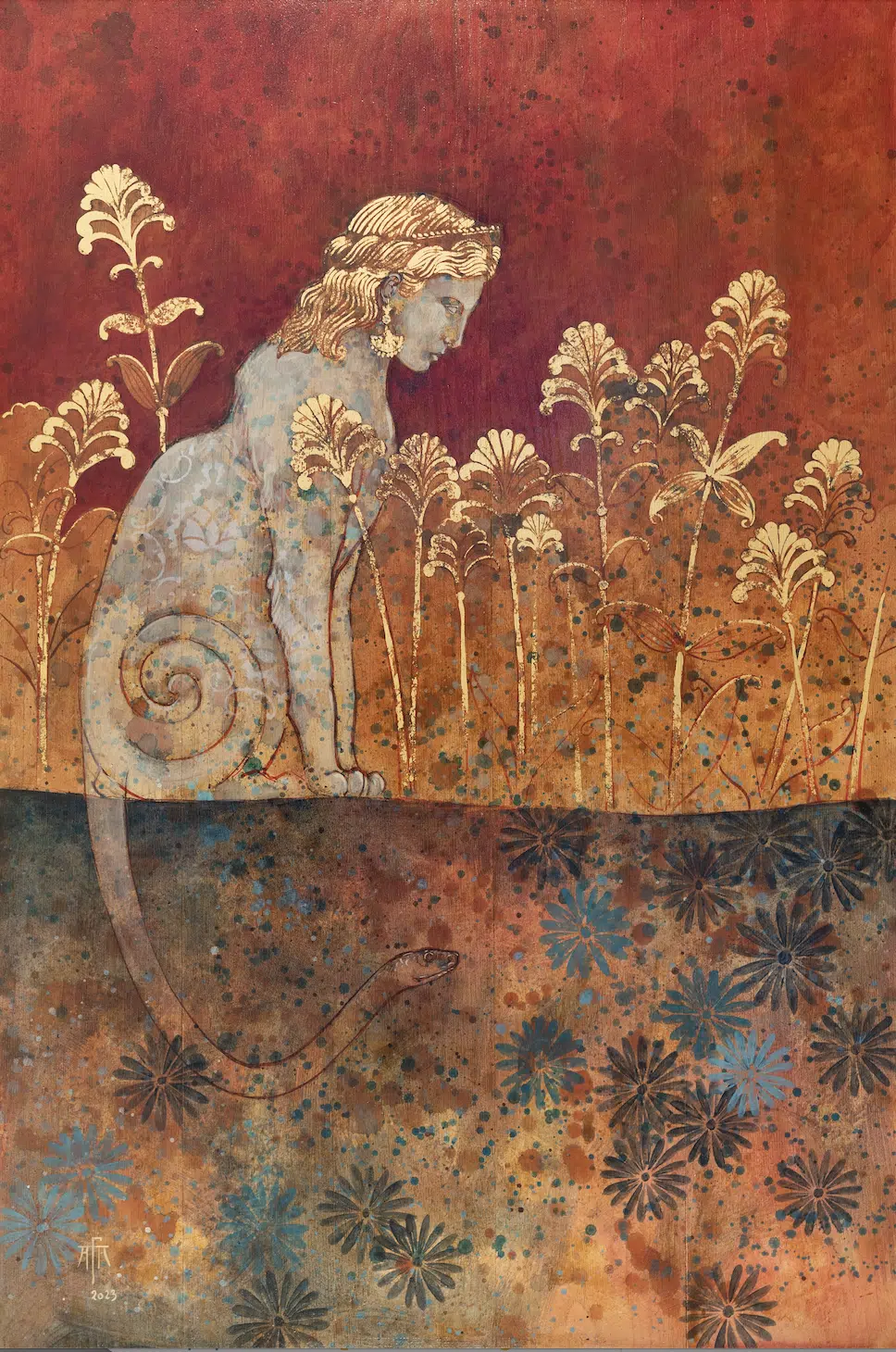 Chimère Chryséléphantine - Huile sur bois et feuille d'or- 90 x 60 cm